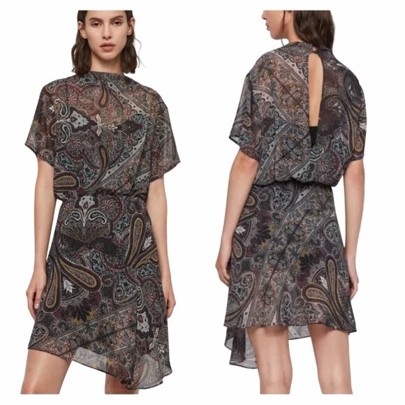 ALLSAINTS Womens Giulia Scarf Dress Sz Small Paisley Boho Handkerchief Hem - Picture 1 of 12